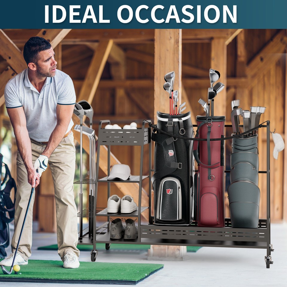 Golf Bag Organizer for Garage Golf Club Rack with Shelf Holds 3 Bags