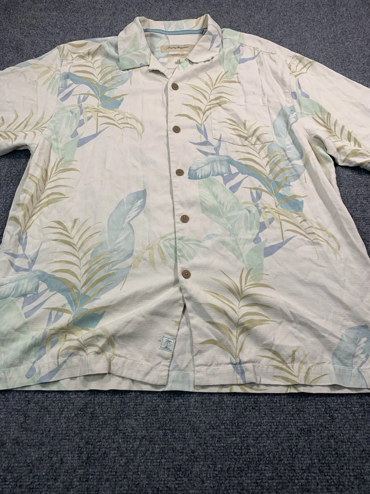 Tommy Bahama Shirt Mens Large Floral Short Sleeve Casual Button Up Silk Beige