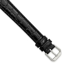 16mm 9.5" Black Alligator-Style Grain Leather Silver-tone Buckle Watch Band