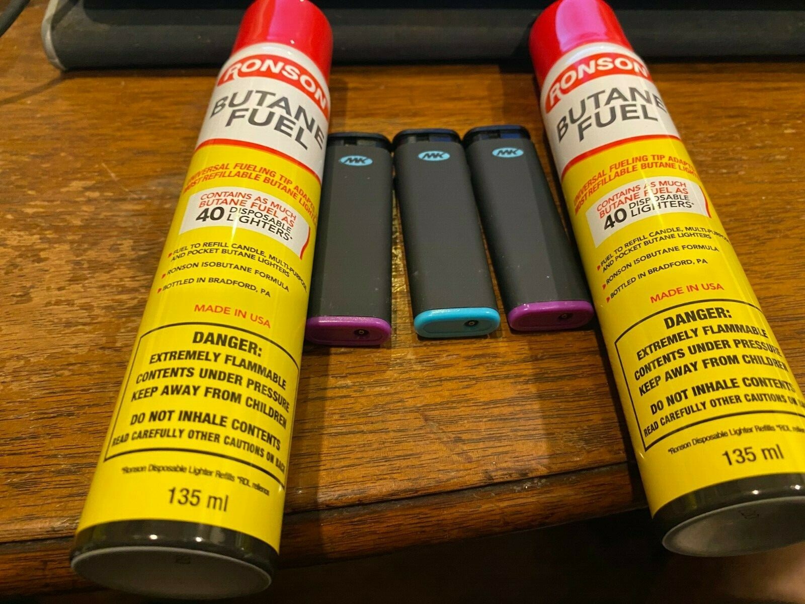 MK BUTANE LIGHTERS LOT of 6 Refillable With 2 RONSON BUTANE FUELS 135 ML