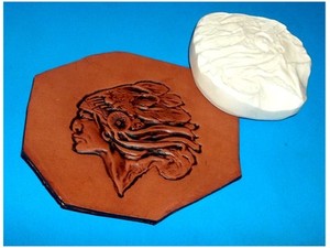 American Indian in Traditional Headdress  Leather Emboss Plate 3 1/2 x 2 1/4