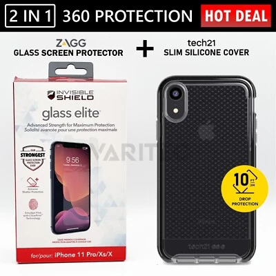 Zagg iPhone X XS 10 Glass Screen Protector + Tech21 Silicone Gel Cover Back Case - Image 1 of 3