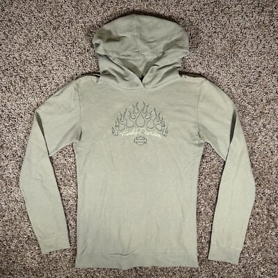 Vintage Harley Davidson Flame Earth Tone Green Thermal Hoodie