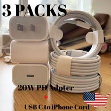 For iPhone 14 13 12 11 PD Fast Charger 20W USB-C Power Adapter Cable 3 Pack Lot