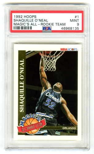 SHAQUILLE O'NEAL~RARE 1992 HOOPS "MAGIC'S ALL-ROOKIE TEAM" PSA-9 MINT RC CARD #1
