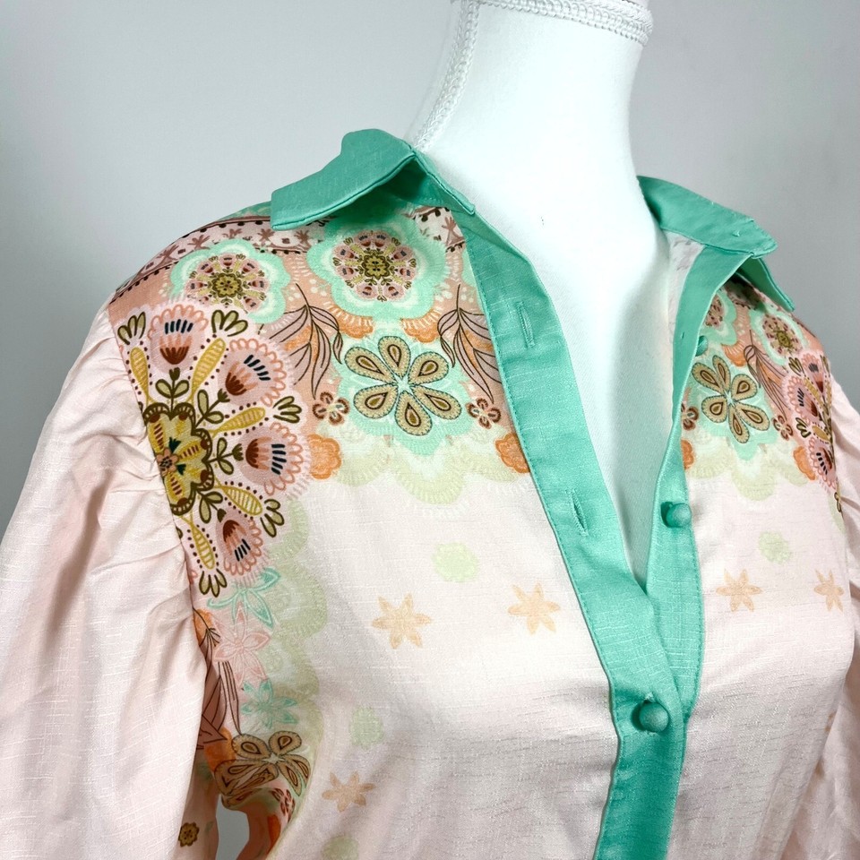 White Sandstorm Boho Floral Button Down Shirt Linen Blend Maxi Dress Size S 8 10