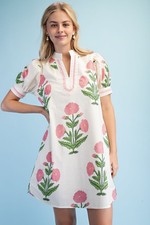Gigio by Umgee Pink Floral Print Notch Neck Dress with Decorative Trim Details