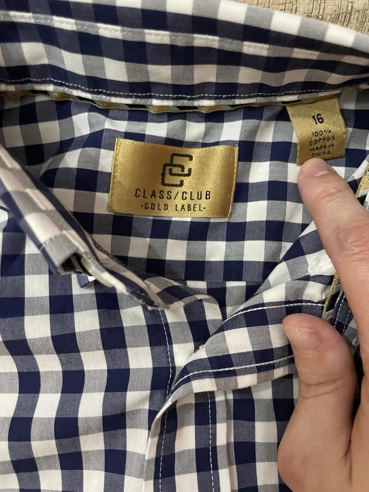 Camisa de vestir Class Club para niños talla 16 azul marino y blanco a cuadros etiqueta dorada Foto 3 de 4