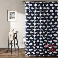 Whale Shower Curtain - Fabric Ocean Fish Animal Print Design for Kids, Navy