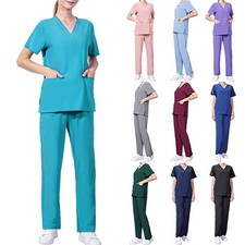 Womens Medical Scrub Doctor Uniform Top Trousers Set Nurse Dentist Hospital Suit