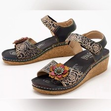 L'Artiste Spring Step Leather Wedge Sandals-Cuteness-Black-EU37 (6.5-7)-A587756