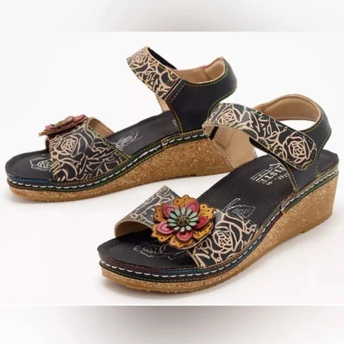 L'Artiste Spring Step Leather Wedge Sandals-Cuteness-Black-EU37 (6.5-7)-A587756