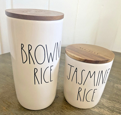 Rae Dunn BROWN RICE & JASMINE RICE Cellars With Wooden Lid New With Tags Rare!