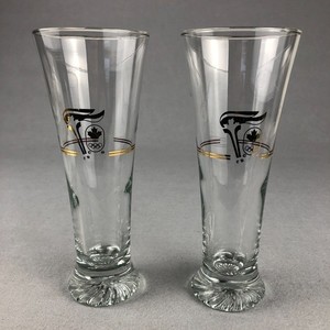 Calgary Winter Olympics 1988 Beer Pint Glass x2 Torch 22k Gold Trim 8" Souvenir