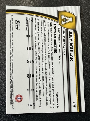 Joey Aguilar 2024 Bowman Chrome U (1st) Card #103 Appalachian State - Picture 2 of 2