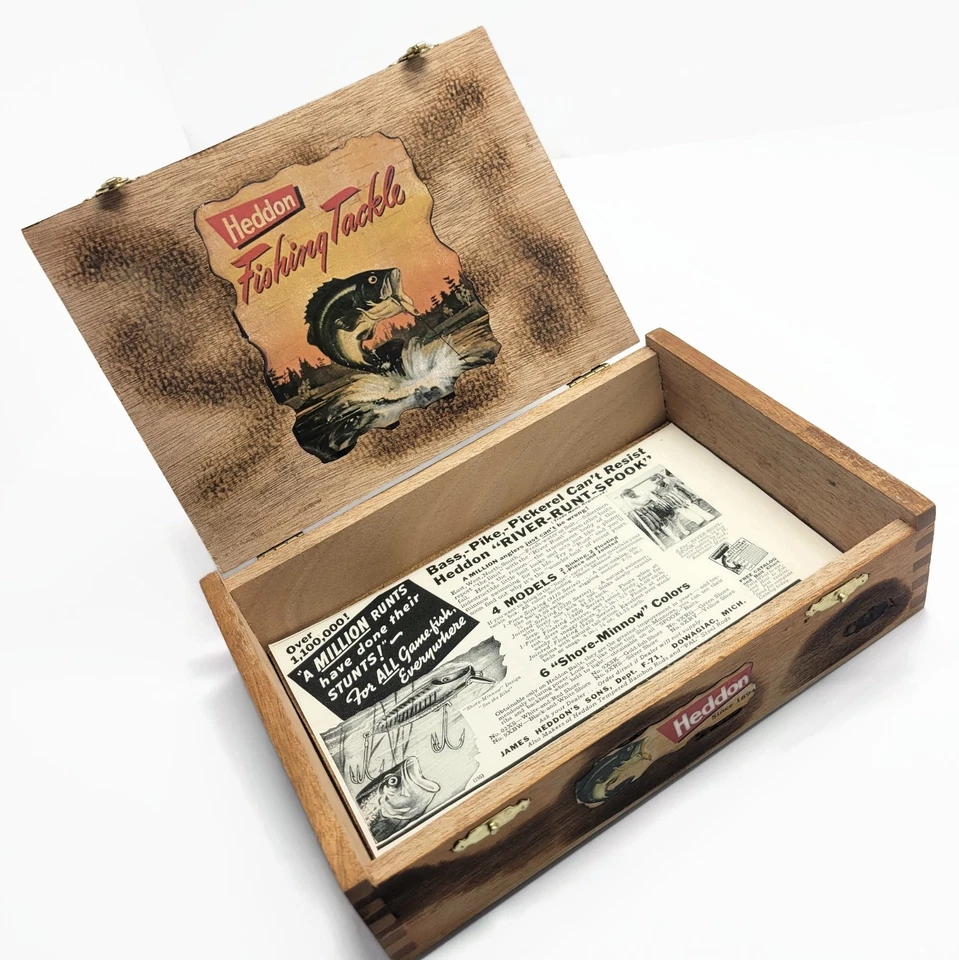 Vintage Heddon Homemade Wood Box Bass & River Runt Fishing Lure Ad Advertisement - Image 3 of 4