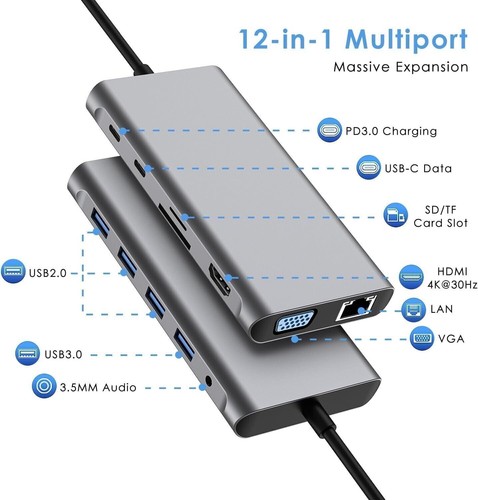 12in1 USB-C HUB Docking Station Adapter Display 4K-HDMI USB 3.0 RJ45 Port Lan SD - Afbeelding 2 van 7