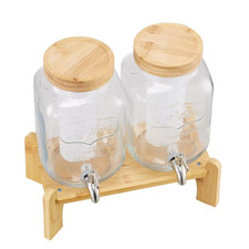 2 Pack 1 Gal. Beverage Dispenser for Parties, Glass with Wood Stand, Stainless S