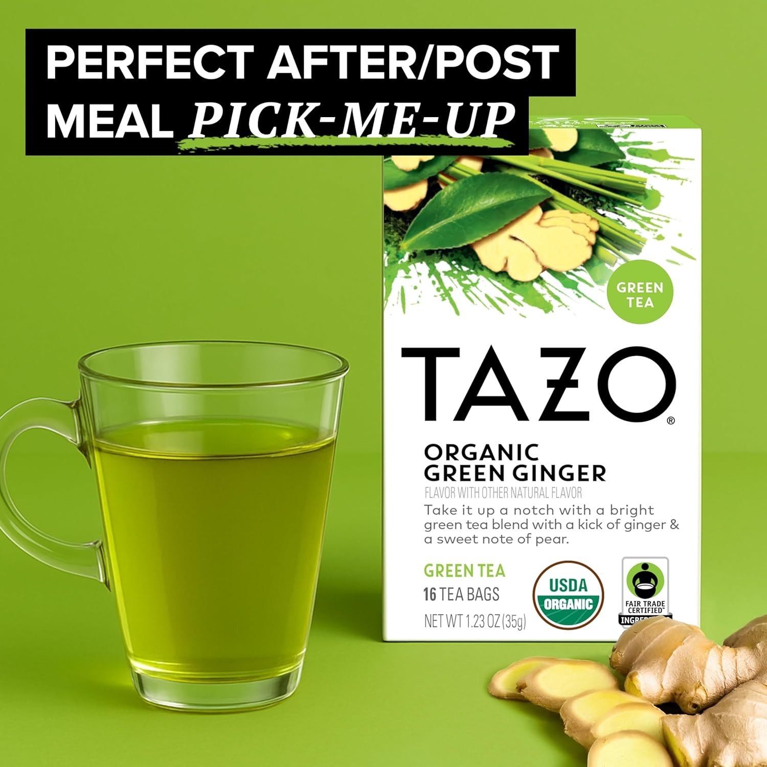 TAZO Organic Green Tea, Green Ginger, Caffeinated Tea, 16 Total Bags