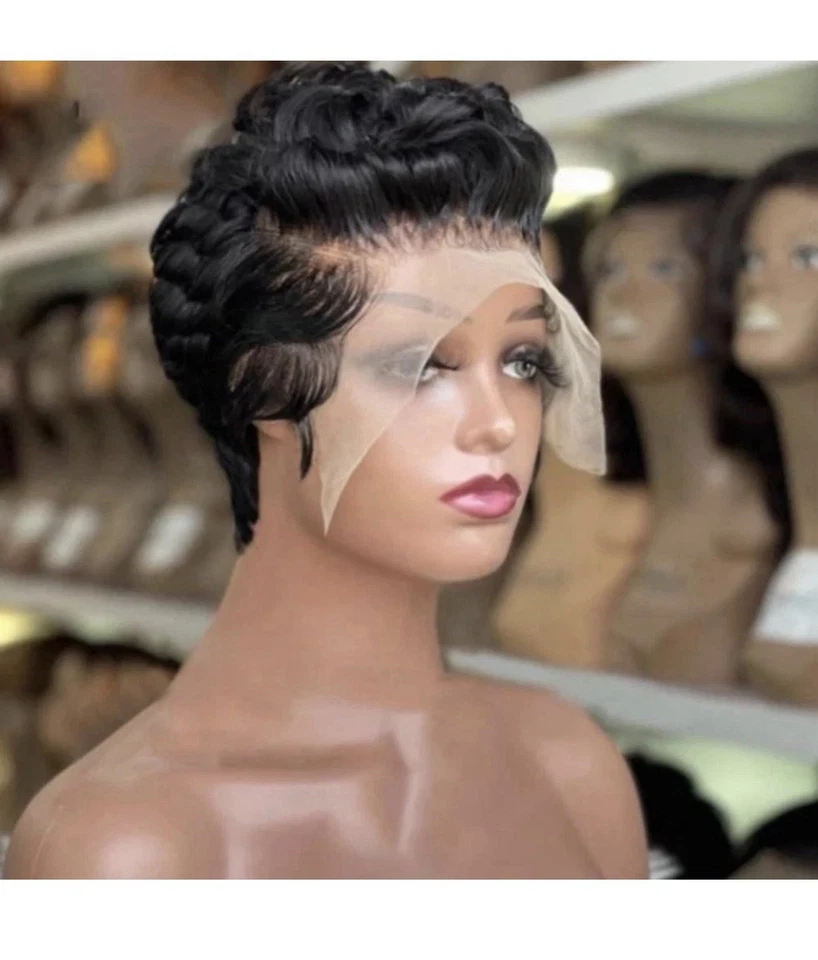 Peluca frontal de encaje corto para mujeres negras cabello humano peluca rizada corte pixie pre desplume... Foto 4 de 4