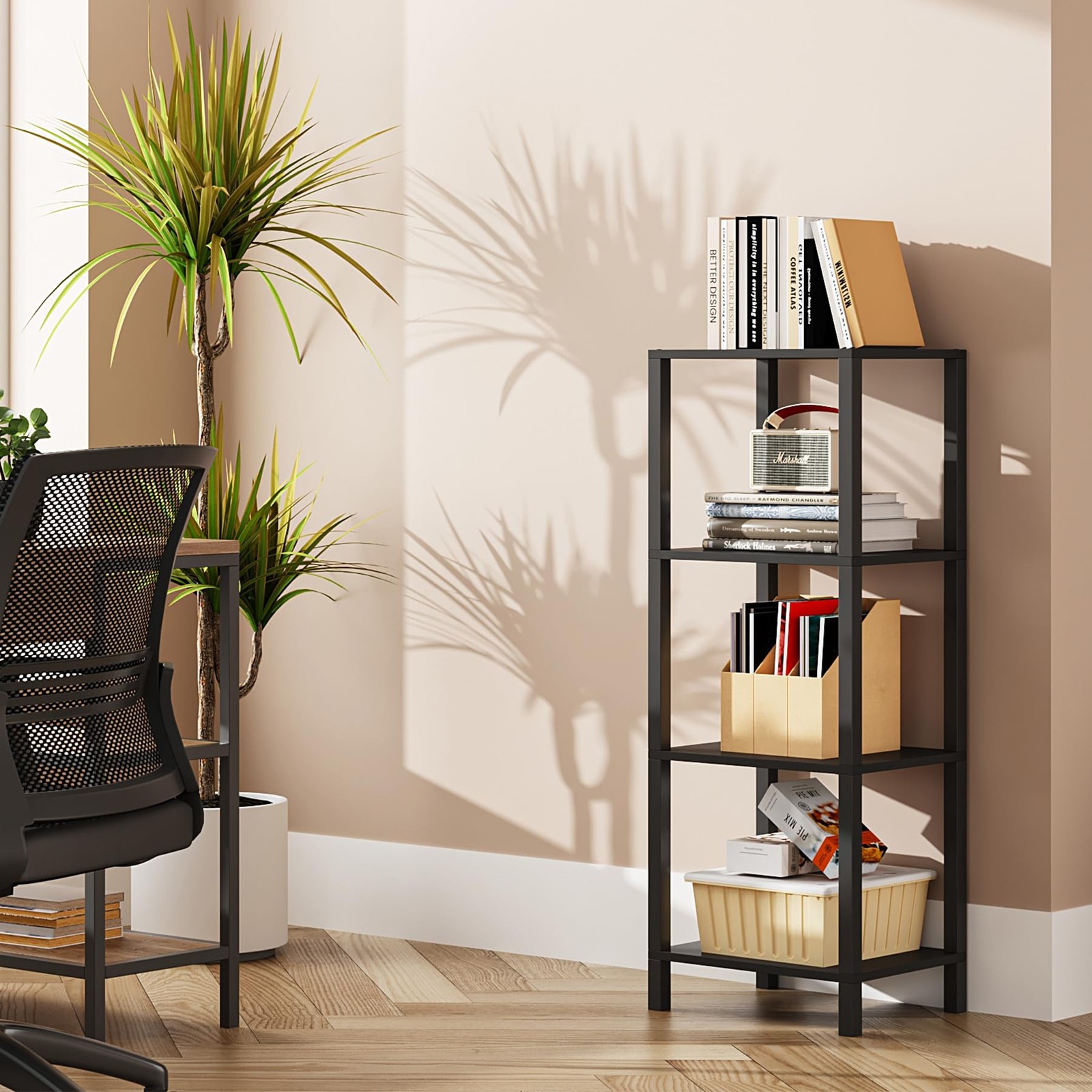 TUTOTAK Bookshelf, 4-Tier Tall Book Shelf, Narrow Bookcase for Small Space, DIY
