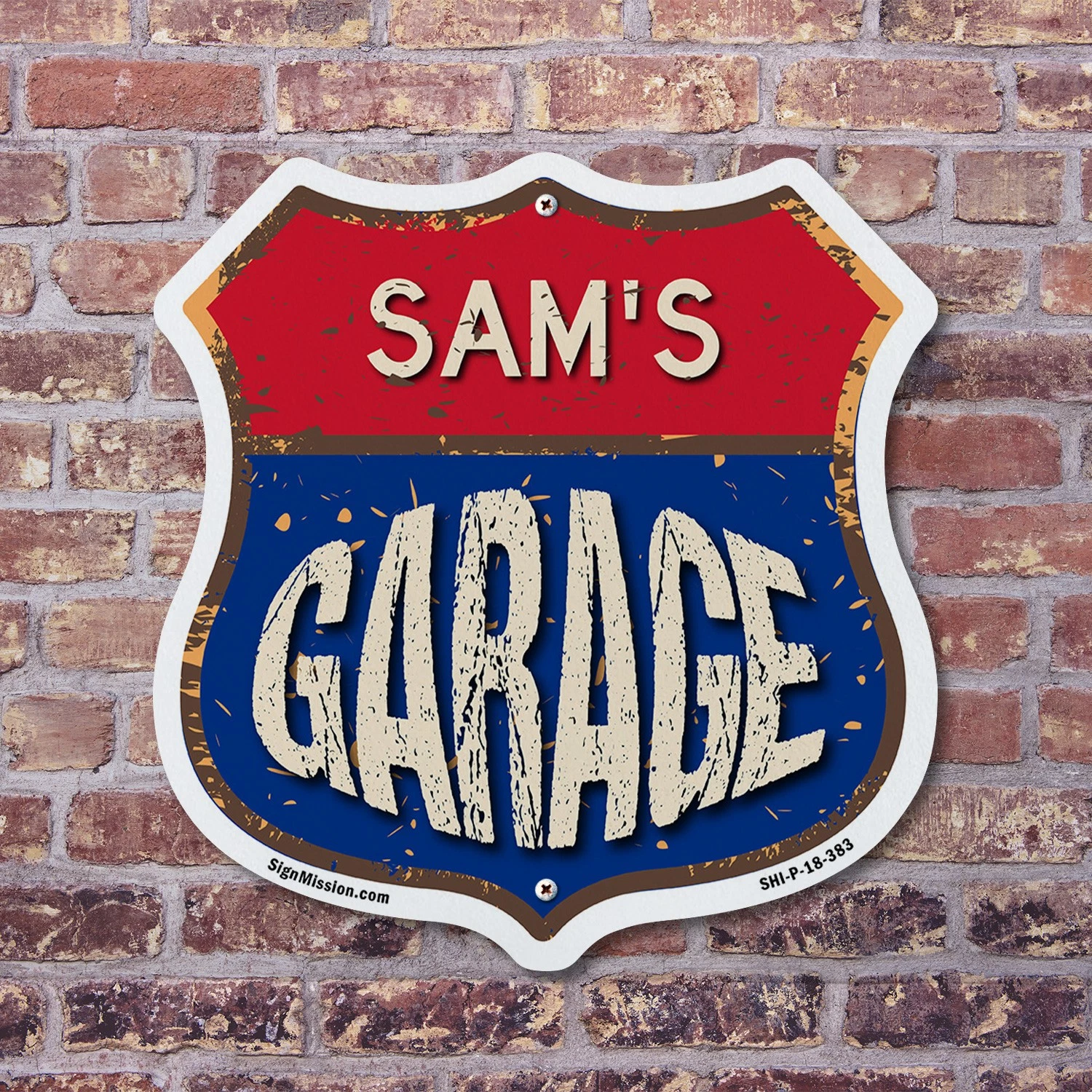 Sam's Garage Shield Metal Sign Weather-Resistant Crafted in the USA