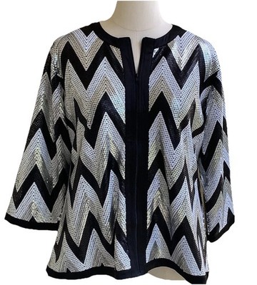 Michael Simon Chevron Sequin Evening Jacket Blazer Top Plus 1X Gold Silver Zip