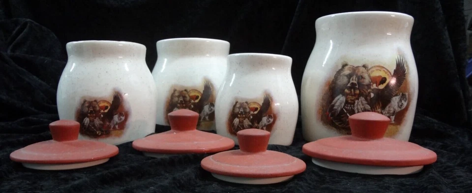 Kitchen Canisters, 4 / lids, Native American Bear Wolf Motif, Handmade Ceramic - Image 3 of 4