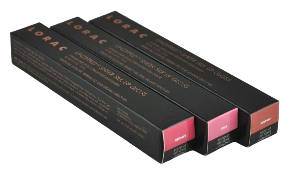 Trío de brillo de labios de seda transparente sin cremallera LORAC, IMPERTURBABLE, DESNUDO Y EXPUESTO Foto 2 de 2