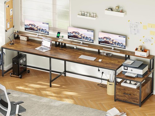 L Shaped Desk with Monitor Shelf 66" Home Office Desk w/Led Lights &Power Outlet - Picture 4 of 9