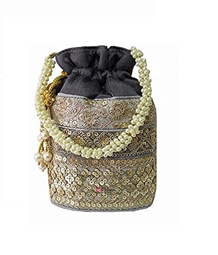 RAW SILK DESIGNER POTLI CLUTCH BAG FOR WOMEN WITH GOLDEN