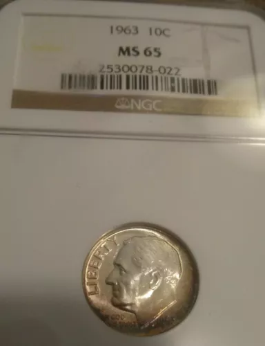 1963 Roosevelt Dime NGC MS 65  nice looking toning on one side