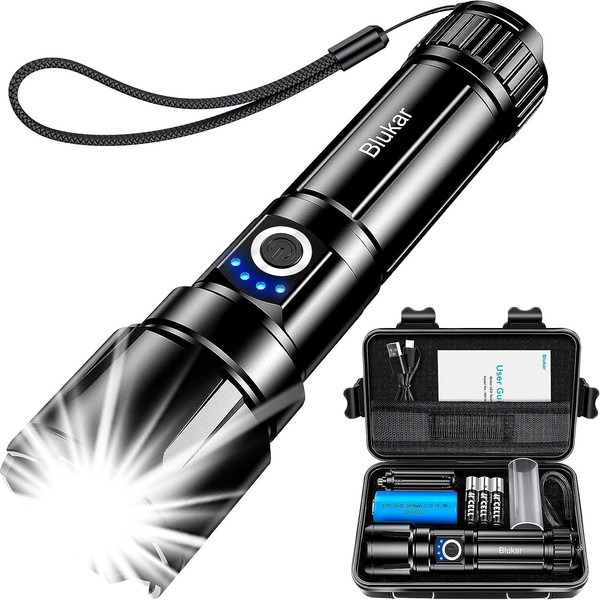 Blukar Taschenlampe Led Aufladbar, 20000 Lumen Extrem Hell Zoombare Taktische Ta-image