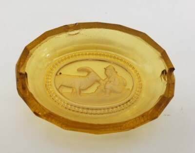 Vintage Amber Czech Bohemian Intaglio Amber Salt Cellar, Oval, Man With Goat