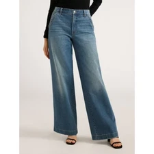 Scoop Wide Leg Jeans Women's 0 Blue Denim Mid Rise Pleated Stretch Banded Waist