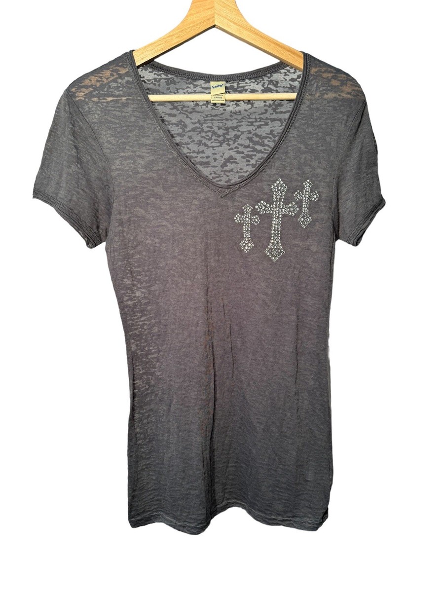 Rare Vintage Women's Cross Logo Kavio! Gray T-Shirt Size L
