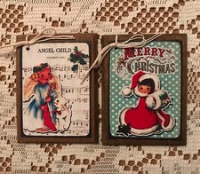 5 Handcrafted Wooden RETRO CHILDREN Christmas Ornaments / Hang Tags SetA1
