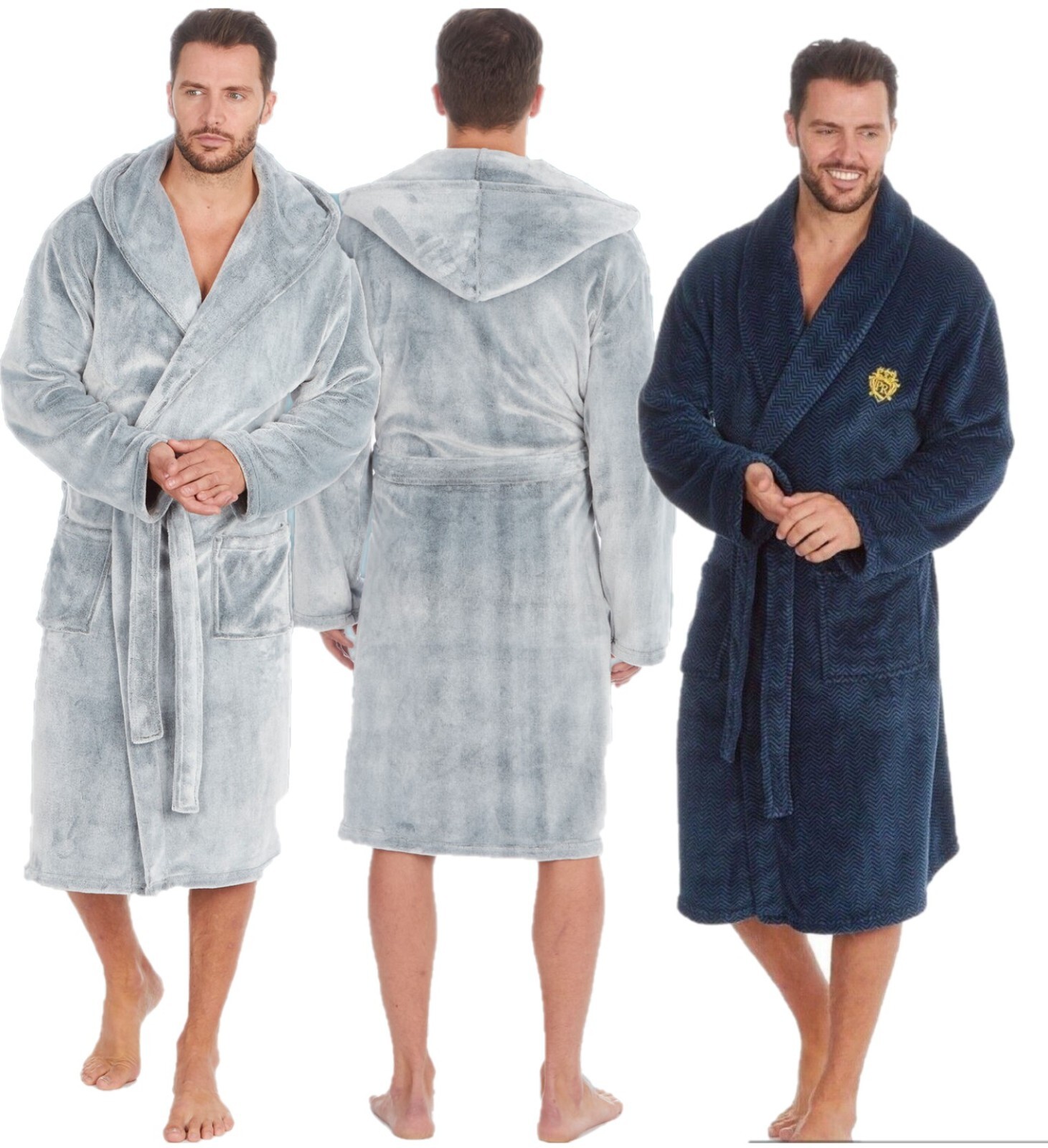 Dressing Gown Mens Bath Robe Hood Fleece LUXURY Soft Fluffy Cosy Hooded ...