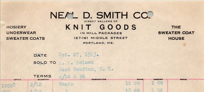 1913 NEAL D SMITH KNIT GOODS HOSIERY UNDERWEAR SWEATER COATS PORTLAND ME 