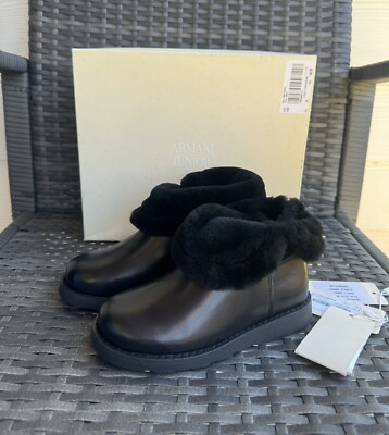 ARMANI JUNIOR Girls Black  Boot Shoes Leather 32 Euro New With Box