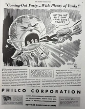 1945 Philco corporation WWII Production Sid Hix Radios War Bonds VTG Print Ad