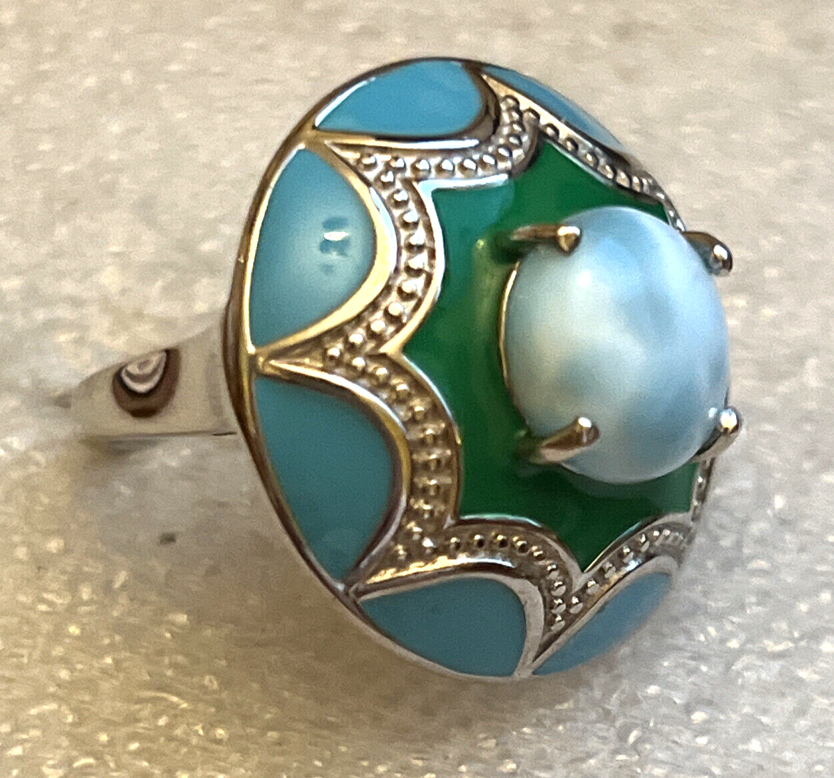 Larimar and Enameled Flower Ring 7 Platinum Over Sterling Silver