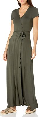 Three Dots Tapenade Green Short Sleeve Wrap Dress Women's Size Medium L104514