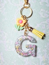 Handmade Resin Initial Keychain Letter G Confetti Bows Flower Personalized Gift