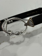 Chicos Leather Lizard Belt Small Black Silver 2 Tone Rhinestones Adjustable
