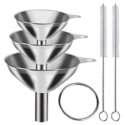 3-piece stainless steel funnel set, small strainer funnels with 2 cleaning kitch