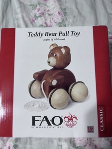 FAO Schwarz Wooden Pull Toy Teddy Bear Rolling Toddler Toy Wheels String Classic