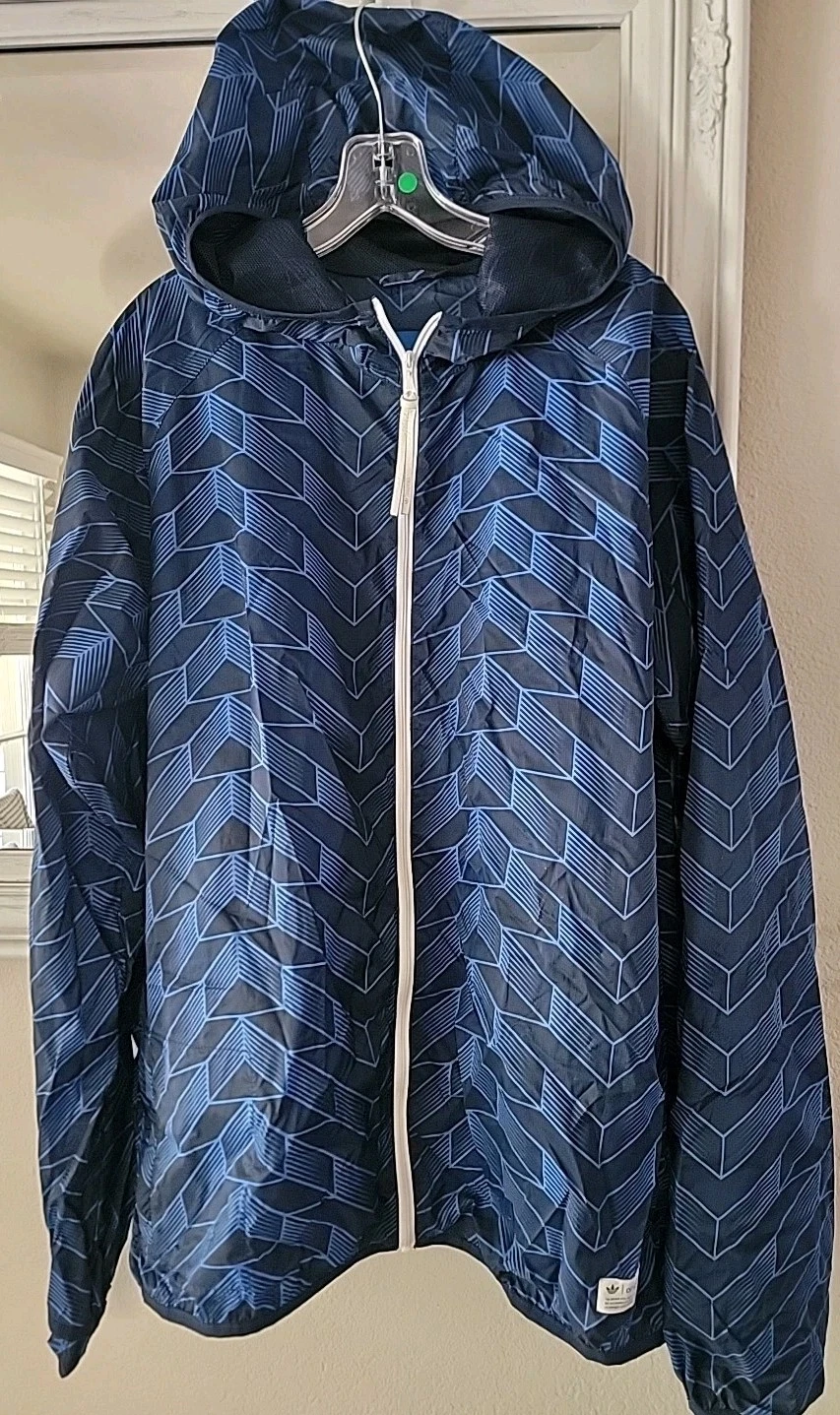 Adidas Originals Mens M Black Blue Pattern Full Zip Lightweigh Nylon Hoodie