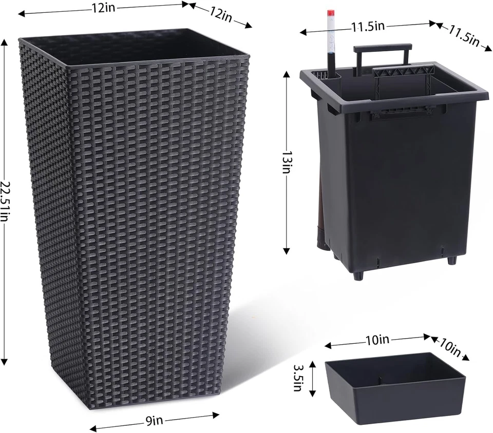 Large Rattan Style Self-Watering Planter with Wheels & Water Gauge 22.4 in Black - Image 4 of 4