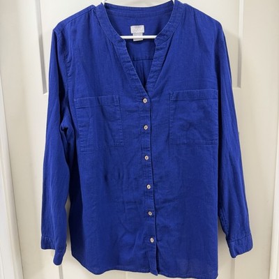 Chico s Women Royal Blue 100% Cotton UtilityRollTabSleeve ButtonFront TunicTop 3